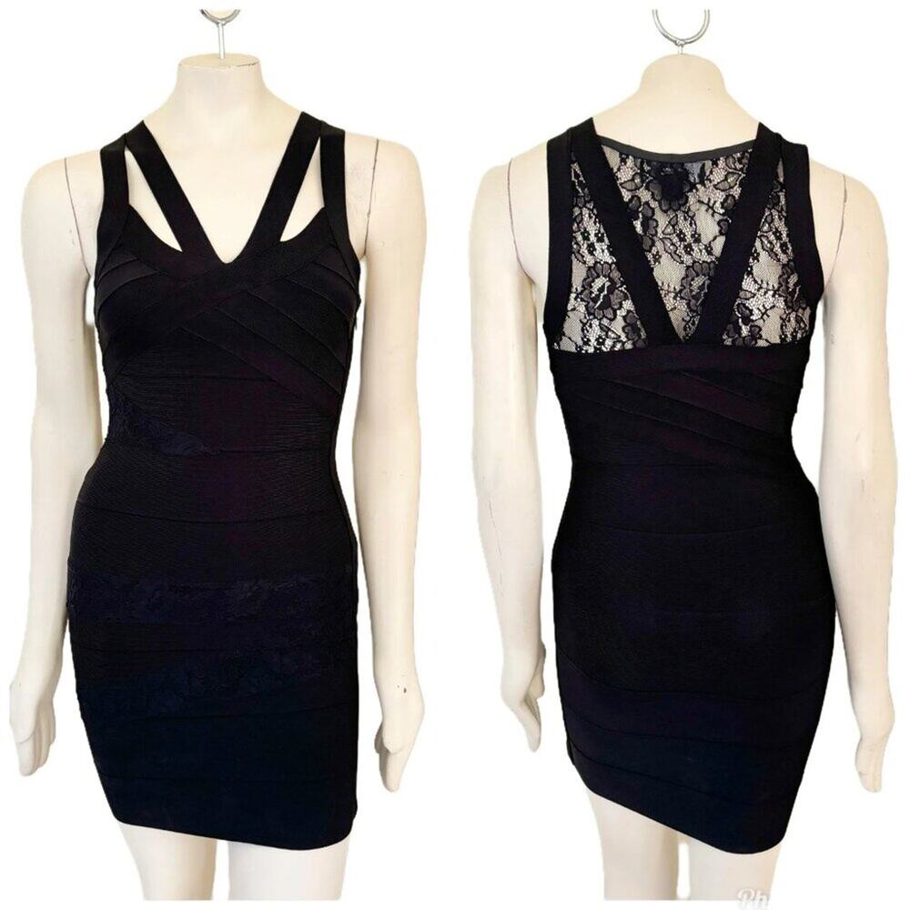 ALLEN SCHWARTZ Privé  Jet Black Bodycon Bandage Dress with Lace  SZ S